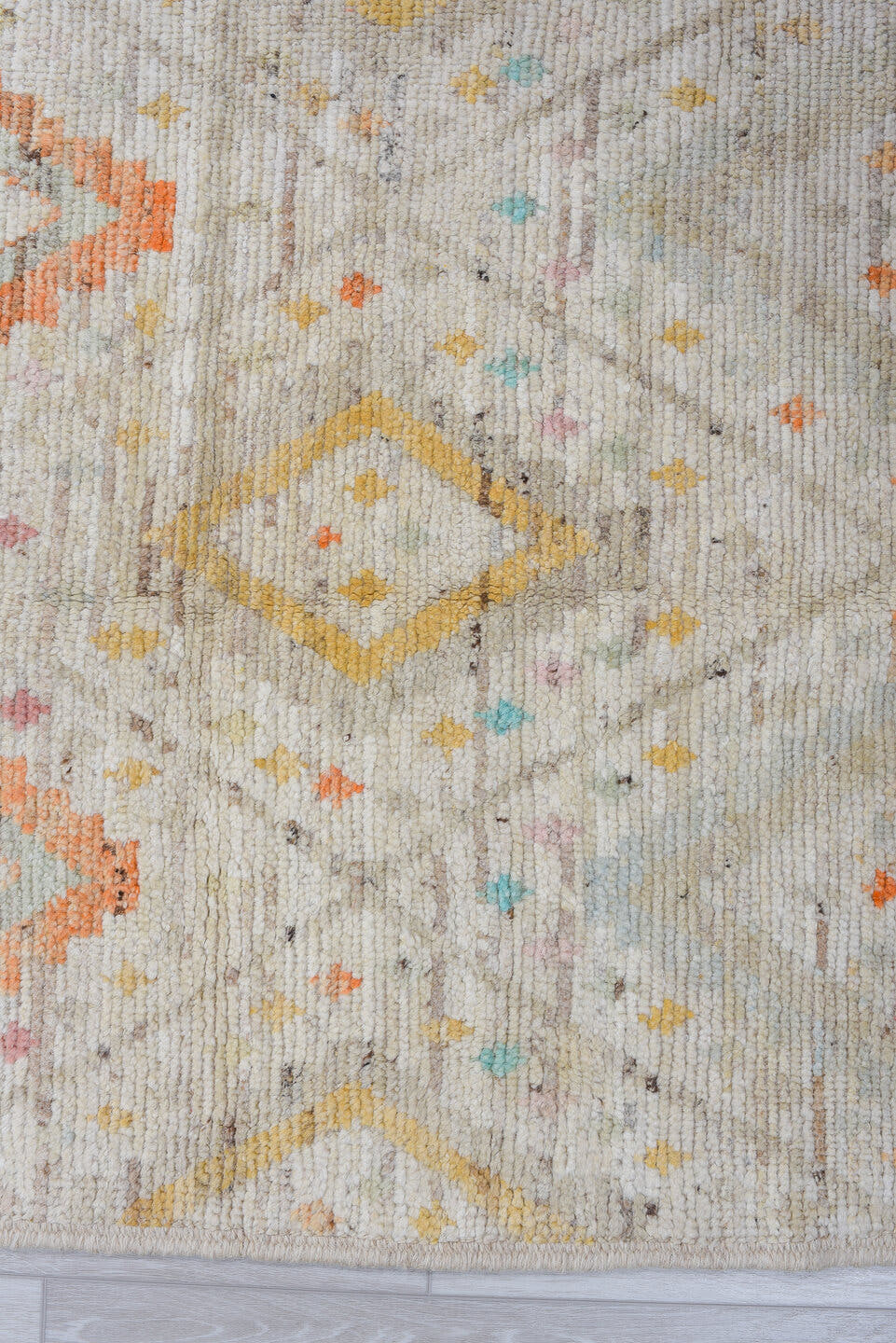 2' x 15' one-of-a-kind handmade vintage Oushak runner rug. Color palette: ivory, taupe, coral, aqua, gold, sand, sage, beige