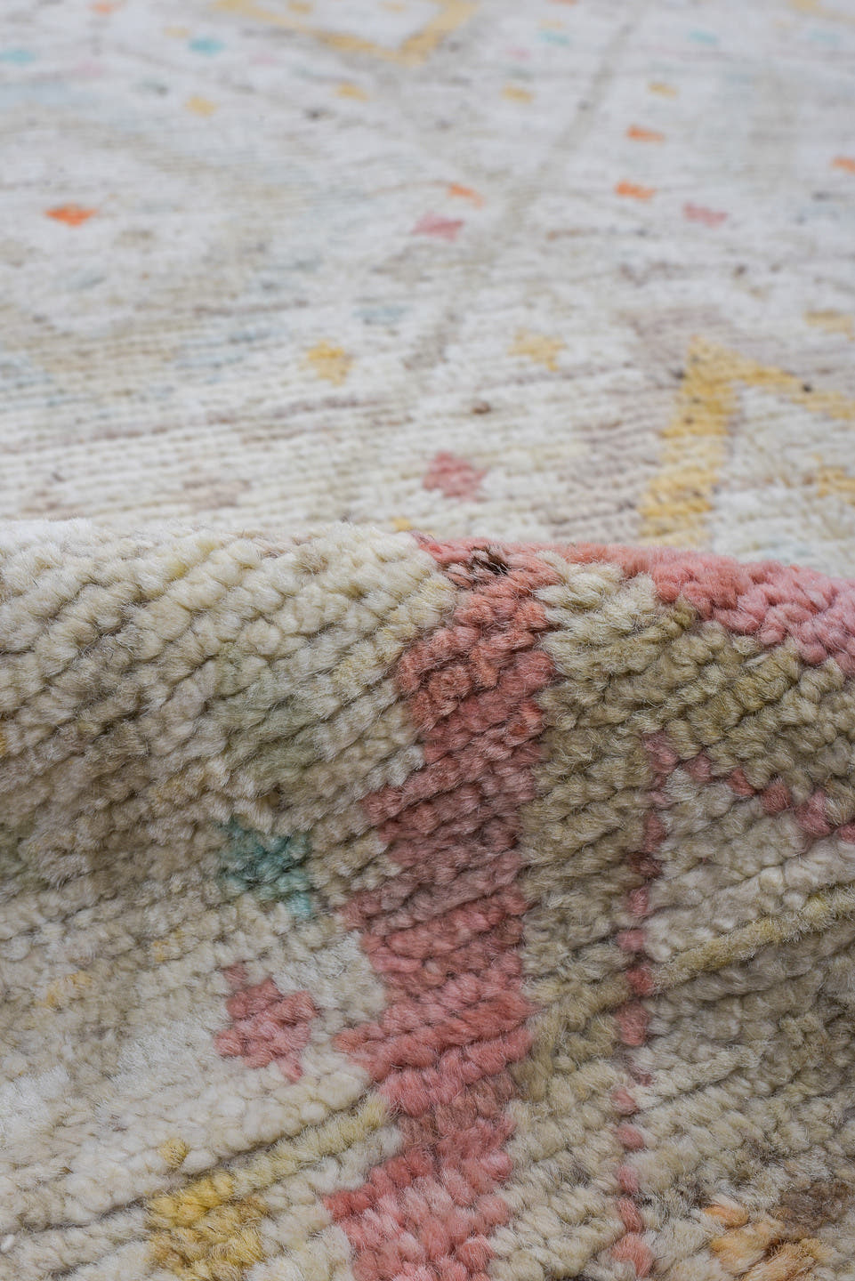 2' x 15' one-of-a-kind handmade vintage Oushak runner rug. Color palette: ivory, taupe, coral, aqua, gold, sand, sage, beige