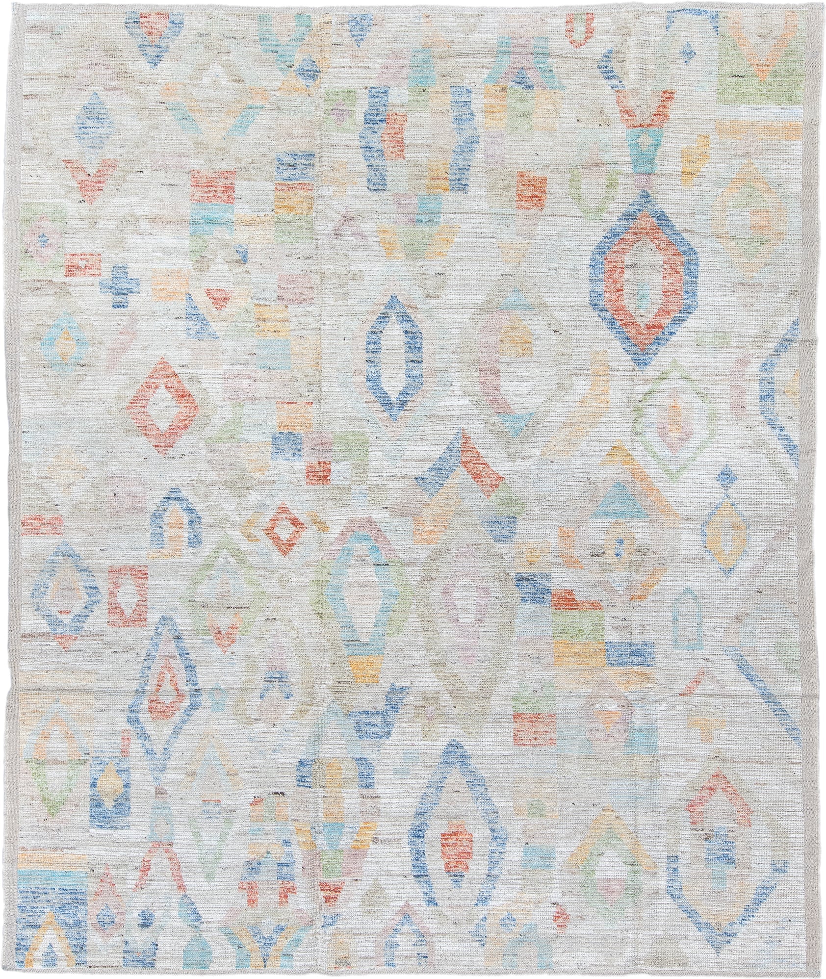 8' x 9' one-of-a-kind handmade vintage Tulu large size rug. Color palette: ivory, sky blue, pale blue, coral, sage