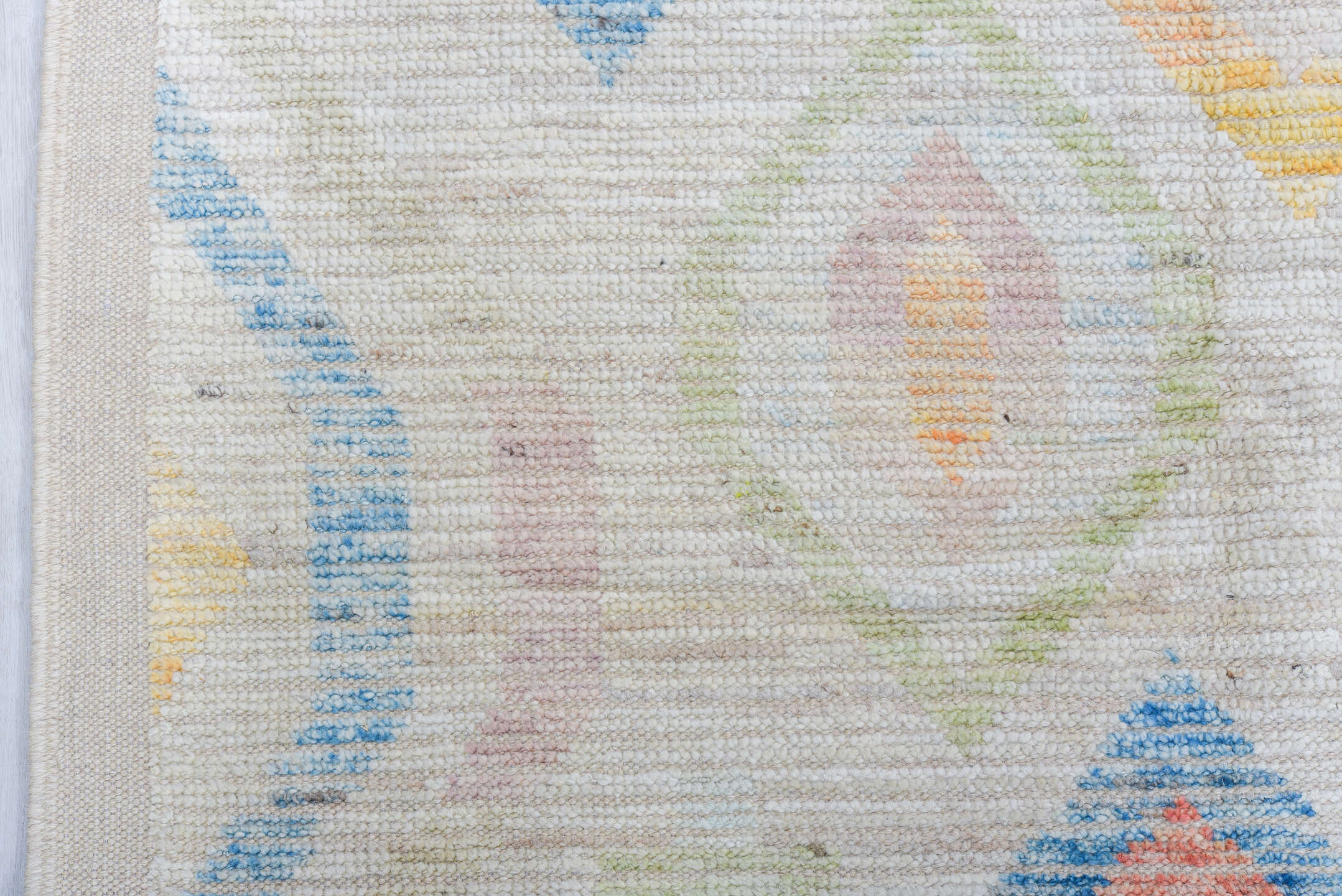 8' x 9' one-of-a-kind handmade vintage Tulu large size rug. Color palette: ivory, sky blue, pale blue, coral, sage