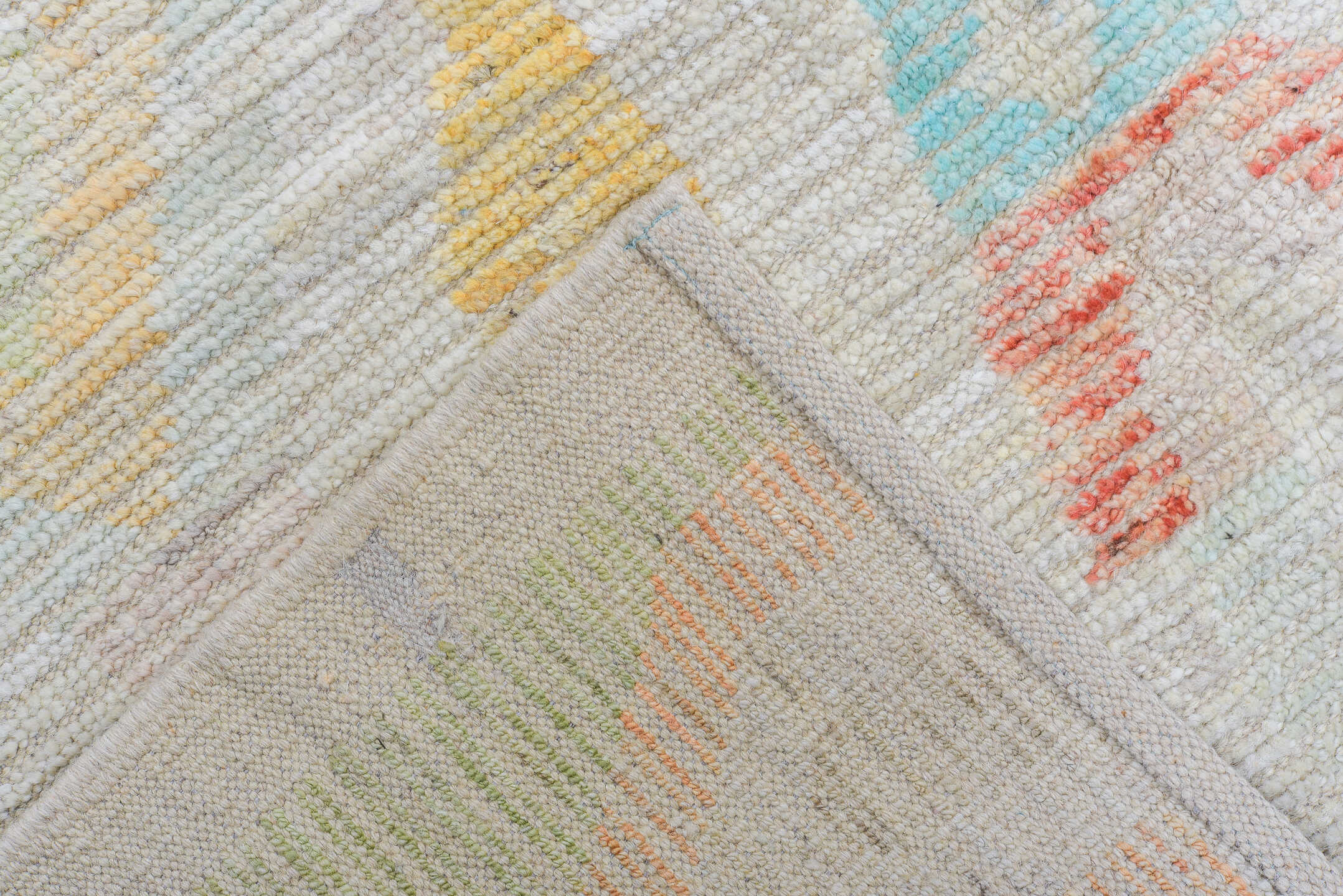 8' x 9' one-of-a-kind handmade vintage Tulu large size rug. Color palette: ivory, sky blue, pale blue, coral, sage