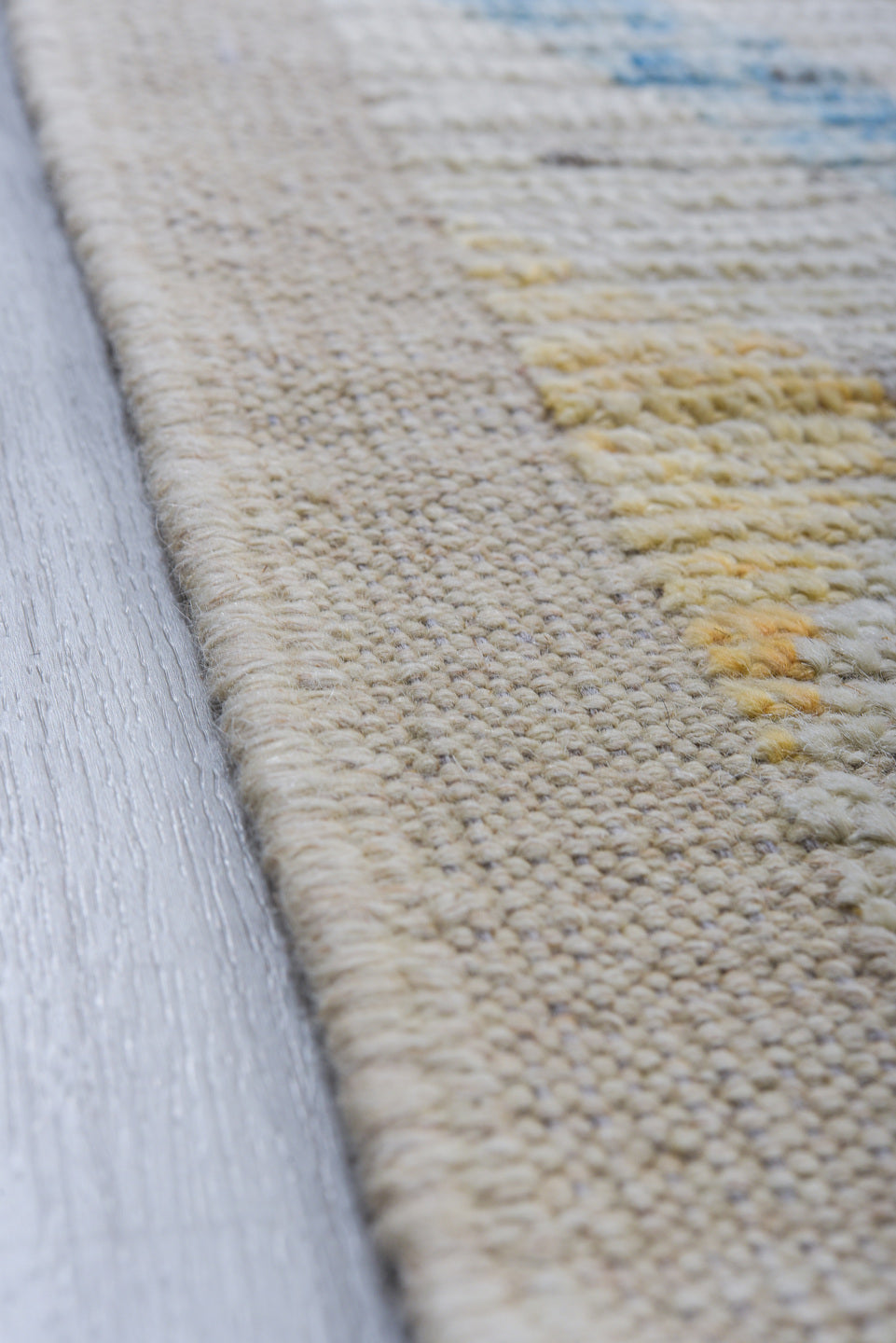 8' x 9' one-of-a-kind handmade vintage Tulu large size rug. Color palette: ivory, sky blue, pale blue, coral, sage
