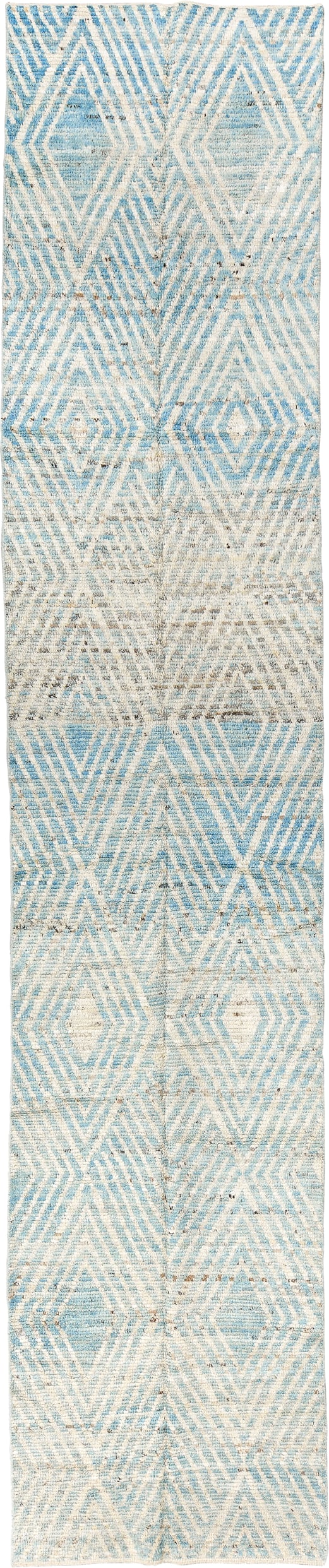 3' x 16' one-of-a-kind handmade vintage Tulu runner rug. Color palette: ivory, sky blue, beige, taupe, light blue, gray