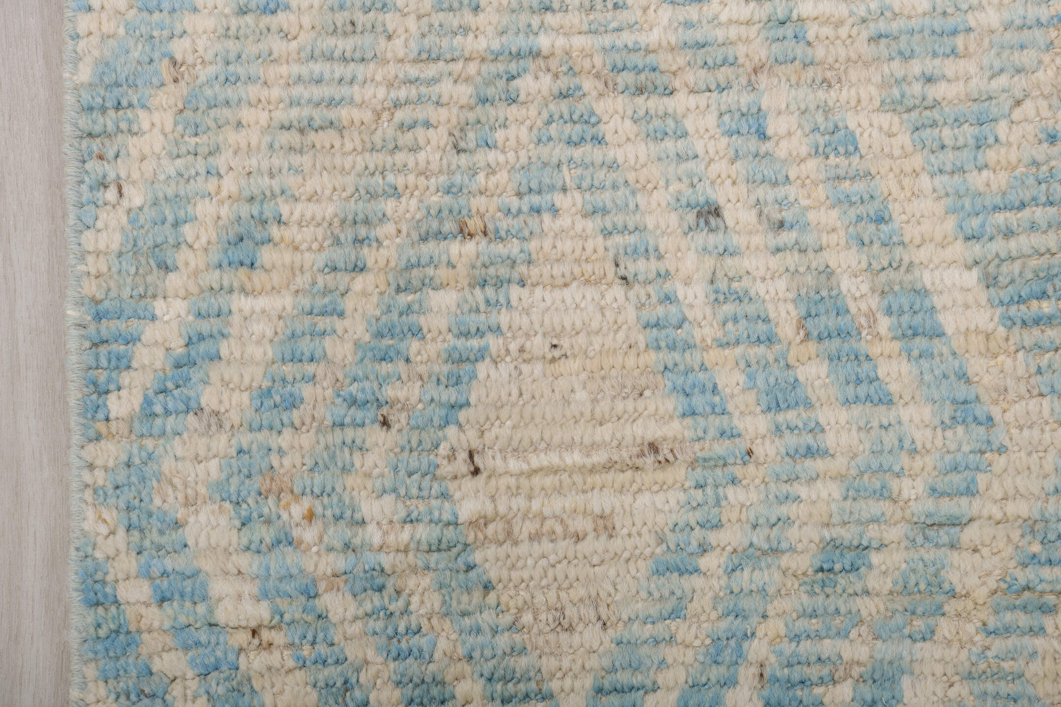 3' x 16' one-of-a-kind handmade vintage Tulu runner rug. Color palette: ivory, sky blue, beige, taupe, light blue, gray