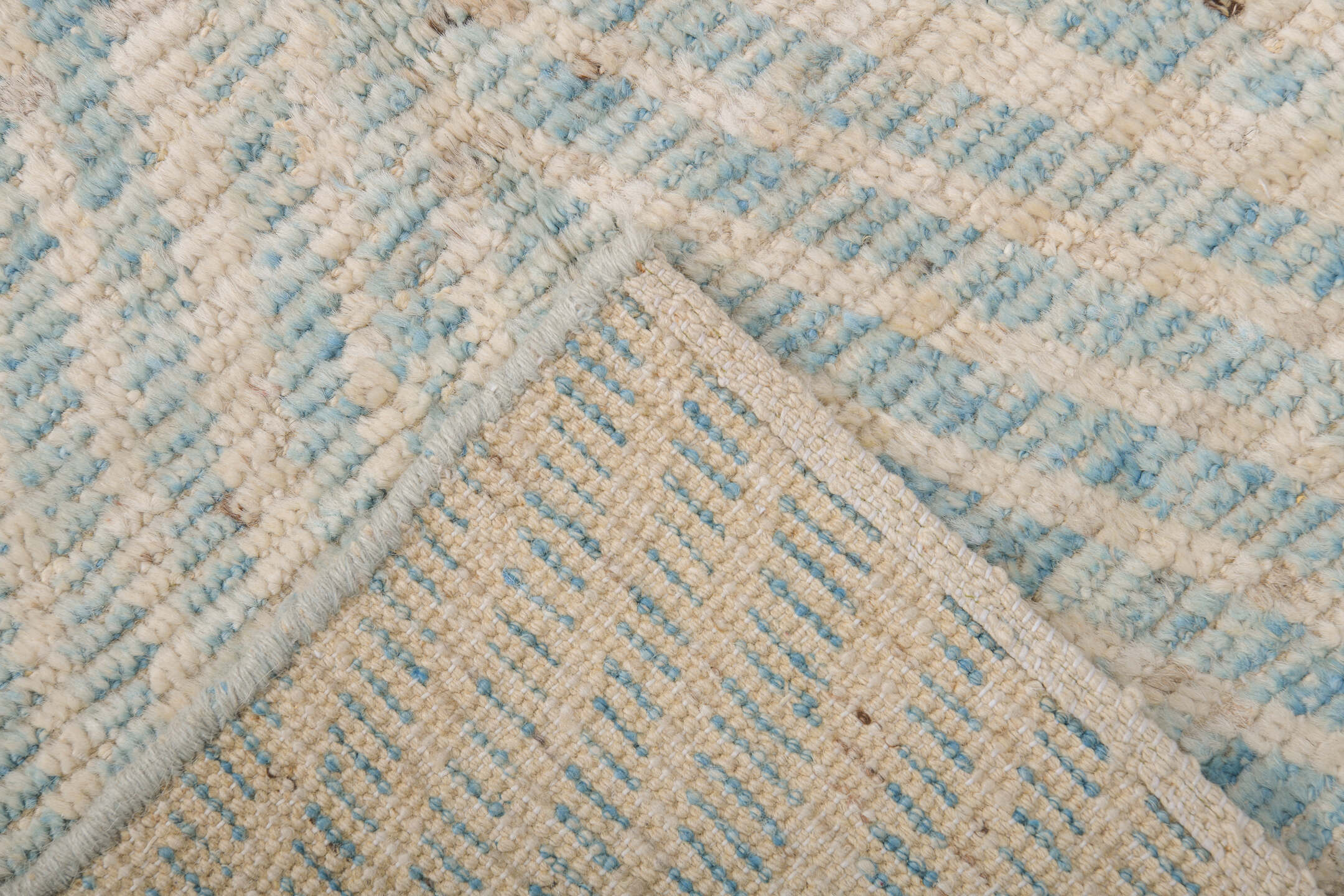 3' x 16' one-of-a-kind handmade vintage Tulu runner rug. Color palette: ivory, sky blue, beige, taupe, light blue, gray