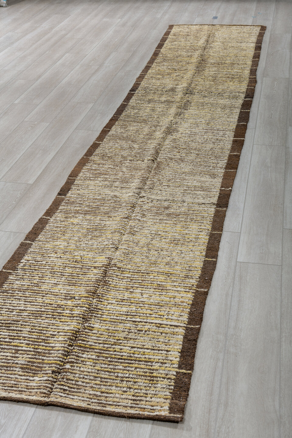 2' x 15' one-of-a-kind handmade vintage Tulu runner rug. Color palette: brown, ivory, camel, taupe, charcoal, beige, gray