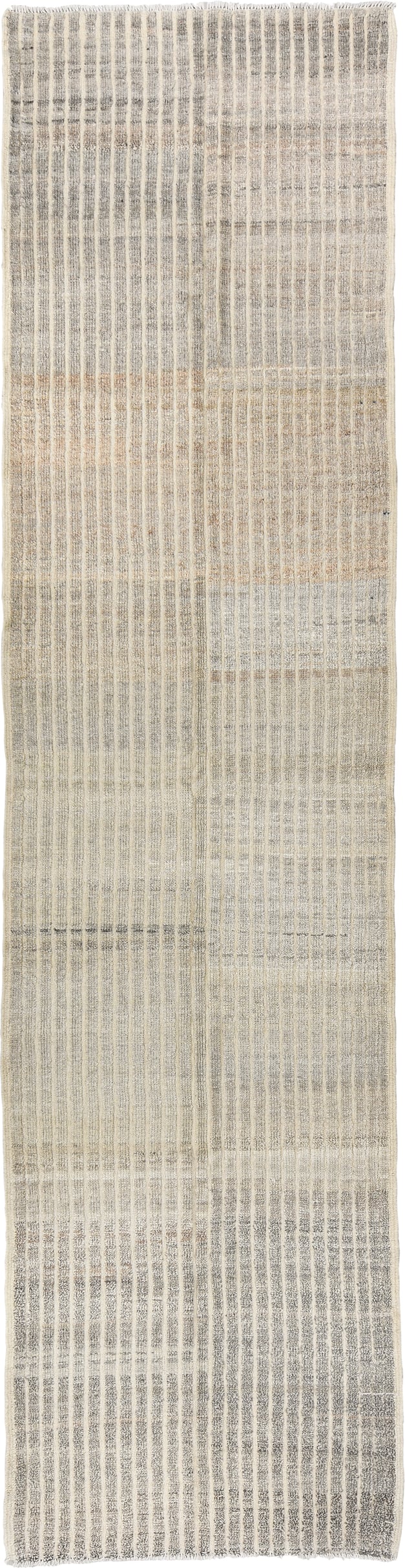 3' x 13' one-of-a-kind handmade vintage Tulu runner rug. Color palette: ivory, gray, taupe, cream, beige