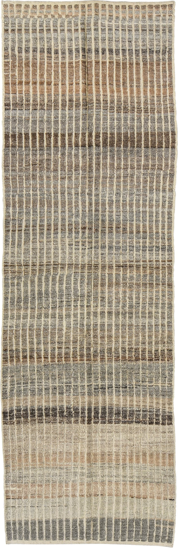 3' x 9' one-of-a-kind handmade vintage Tulu runner rug. Color palette: ivory, taupe, charcoal, camel, gray, brown, beige