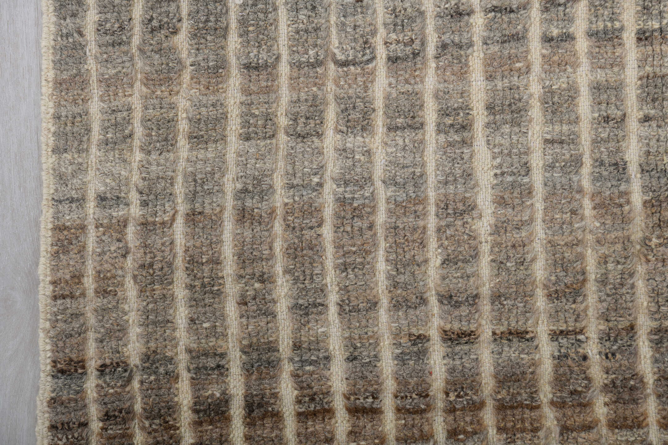 3' x 9' one-of-a-kind handmade vintage Tulu runner rug. Color palette: ivory, taupe, charcoal, camel, gray, brown, beige