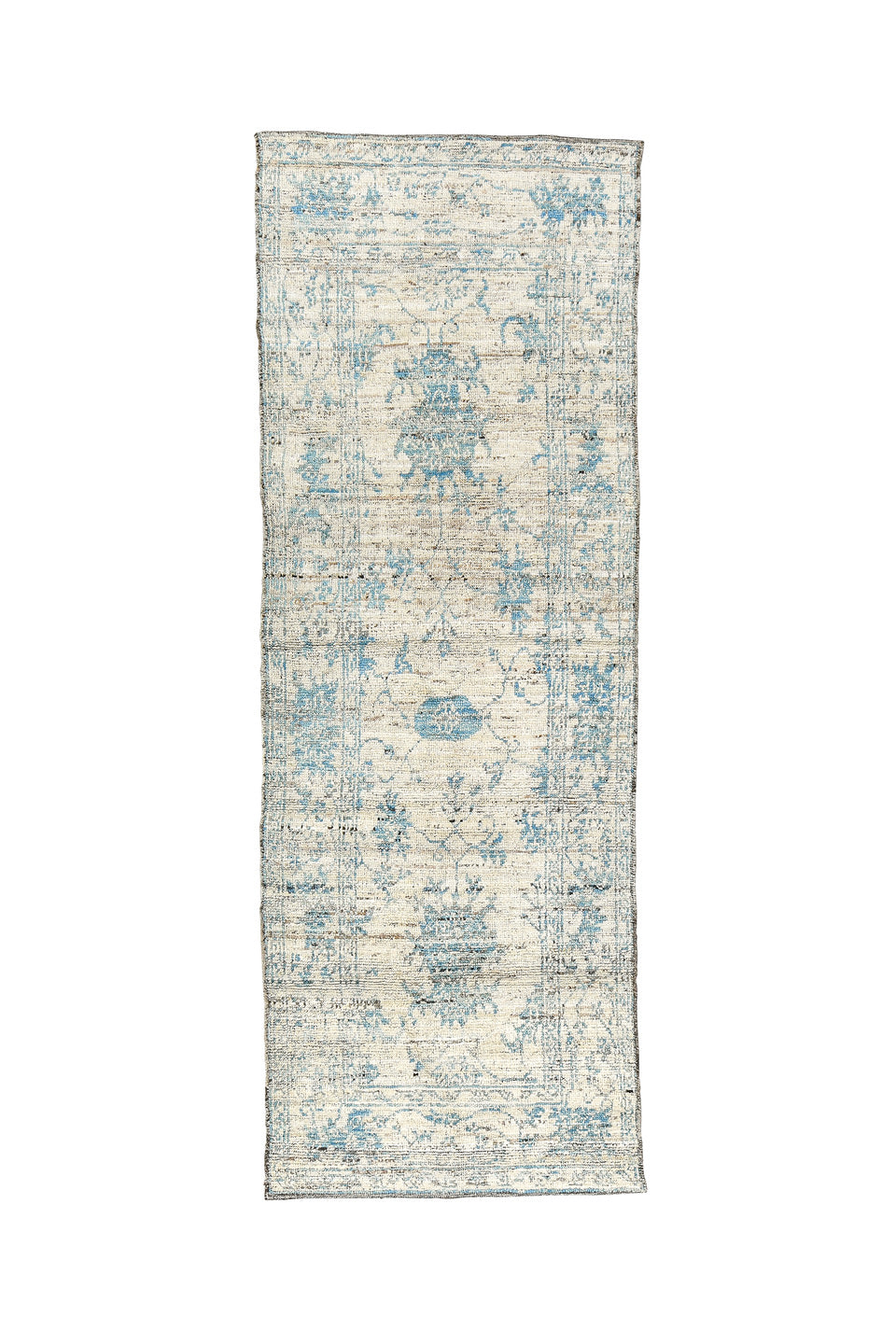 3' x 8' one-of-a-kind handmade vintage Tulu runner rug. Color palette: blue, dark gray, dim gray, gray, light blue