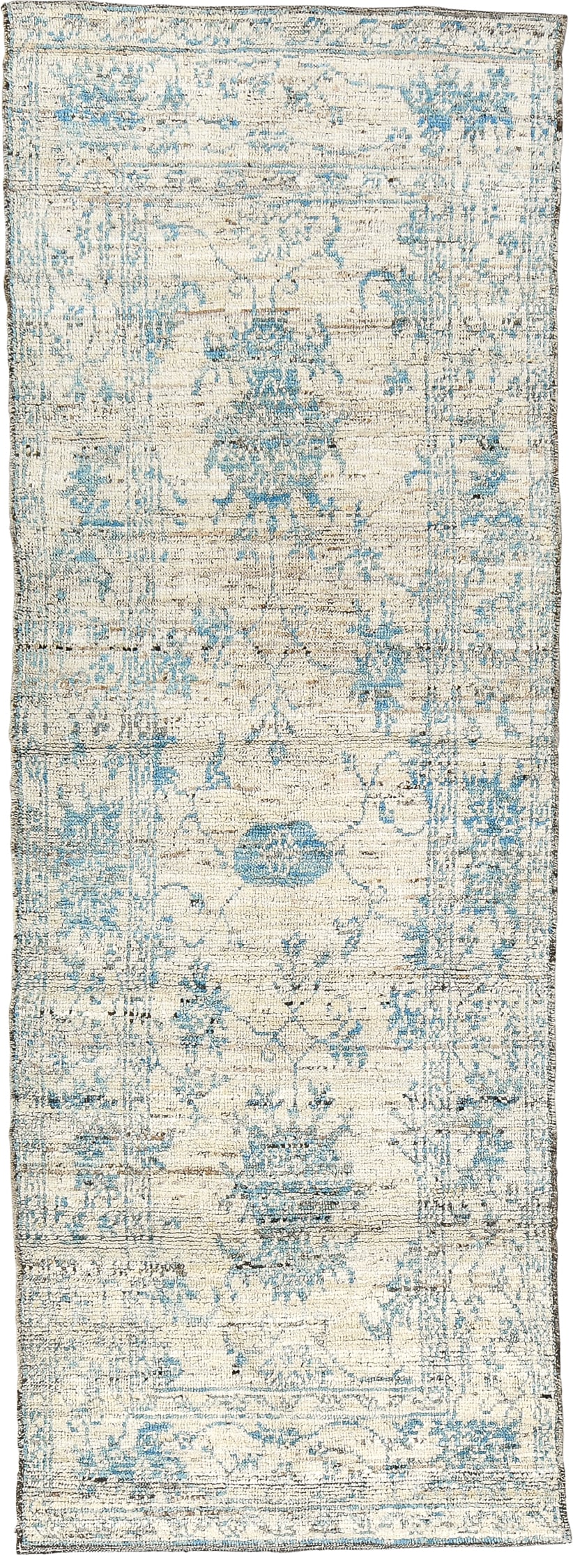 3' x 8' one-of-a-kind handmade vintage Tulu runner rug. Color palette: ivory, sky blue, taupe, slate, cream, light blue