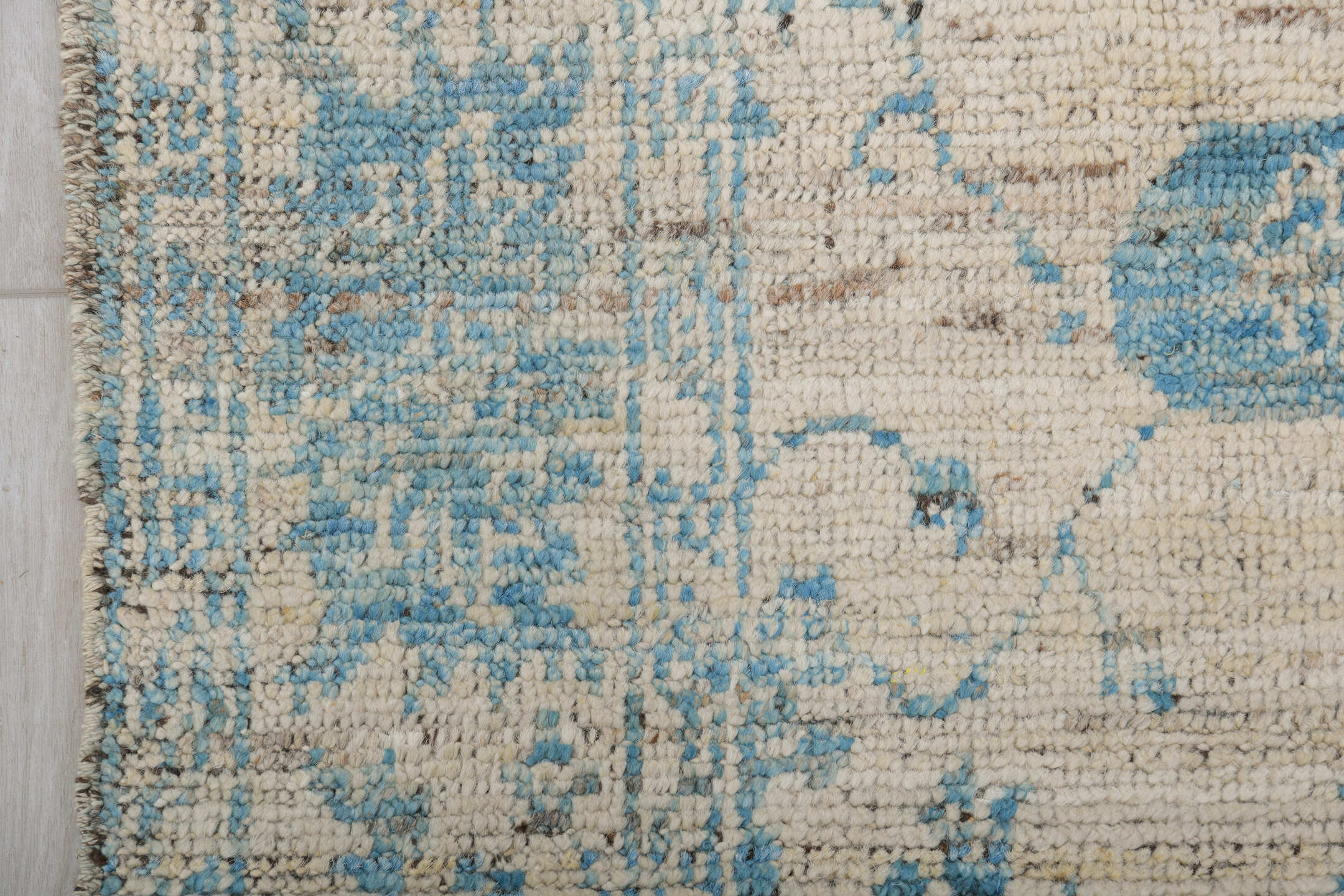 3' x 8' one-of-a-kind handmade vintage Tulu runner rug. Color palette: ivory, sky blue, taupe, slate, cream, light blue