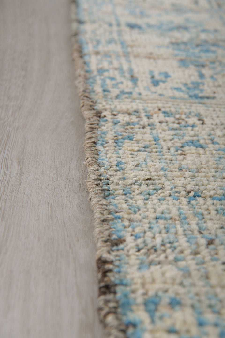 3' x 8' one-of-a-kind handmade vintage Tulu runner rug. Color palette: ivory, sky blue, taupe, slate, cream, light blue