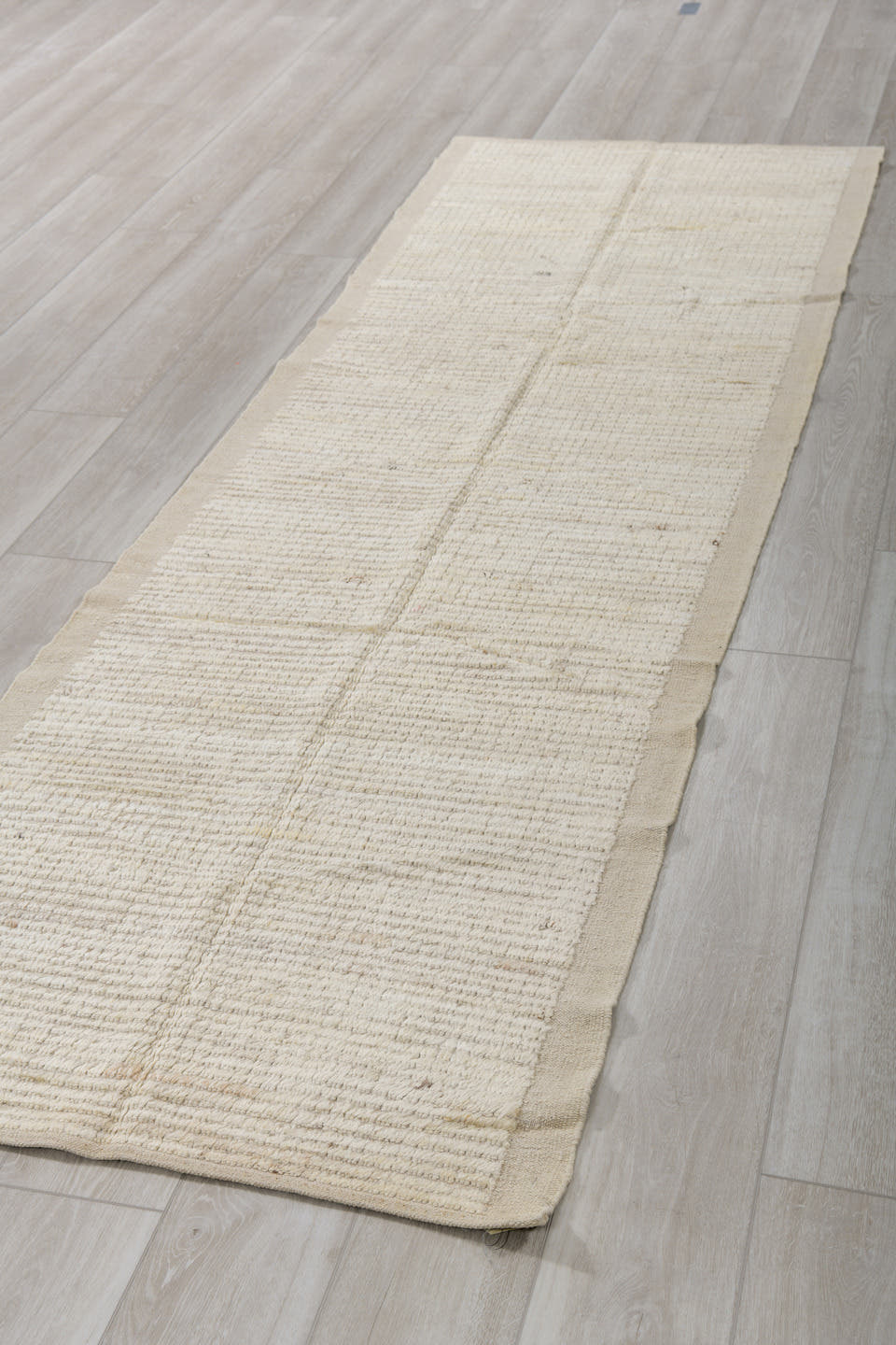 3' x 10' one-of-a-kind handmade vintage Tulu runner rug. Color palette: ivory, cream, beige, taupe, gray