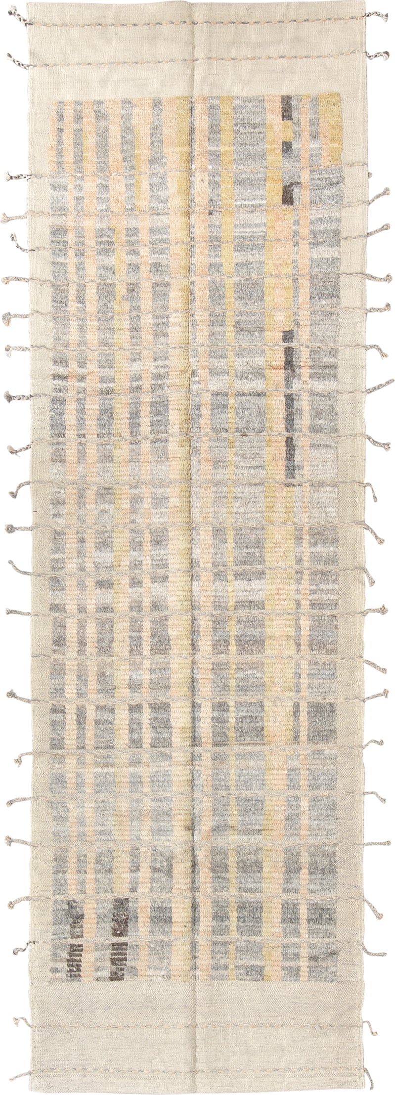 2' x 9' one-of-a-kind handmade vintage Tulu runner rug. Color palette: ivory, pale gold, gray, charcoal, cream, gold, black