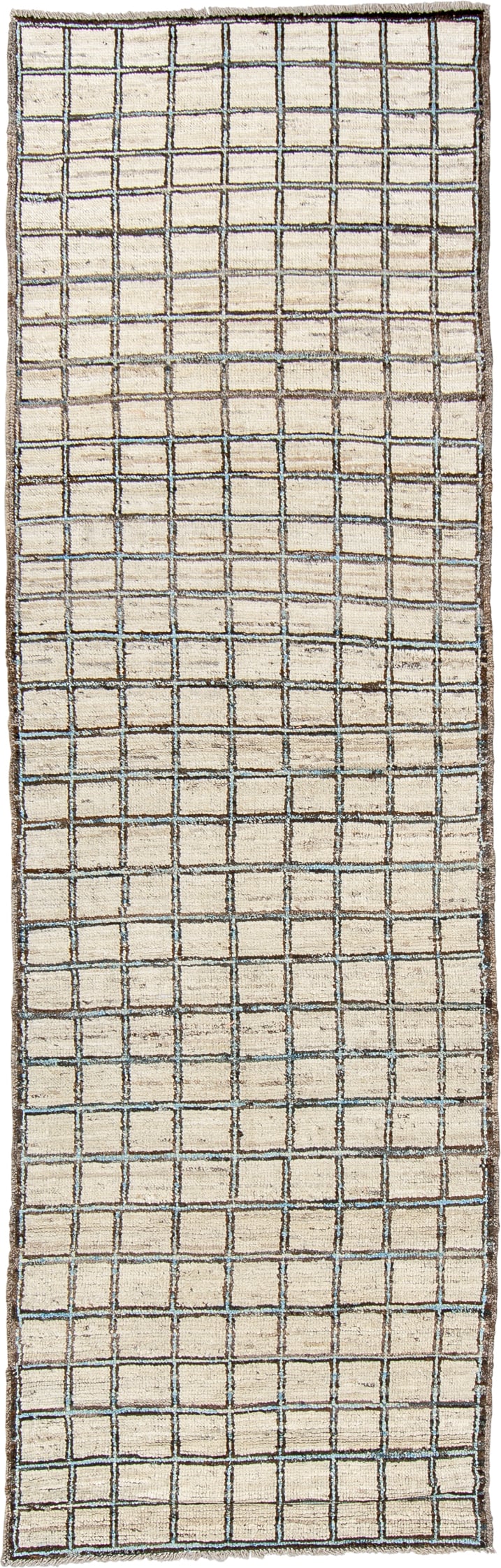 3' x 9' one-of-a-kind handmade vintage Tulu runner rug. Color palette: ivory, charcoal, taupe, black, gray, beige