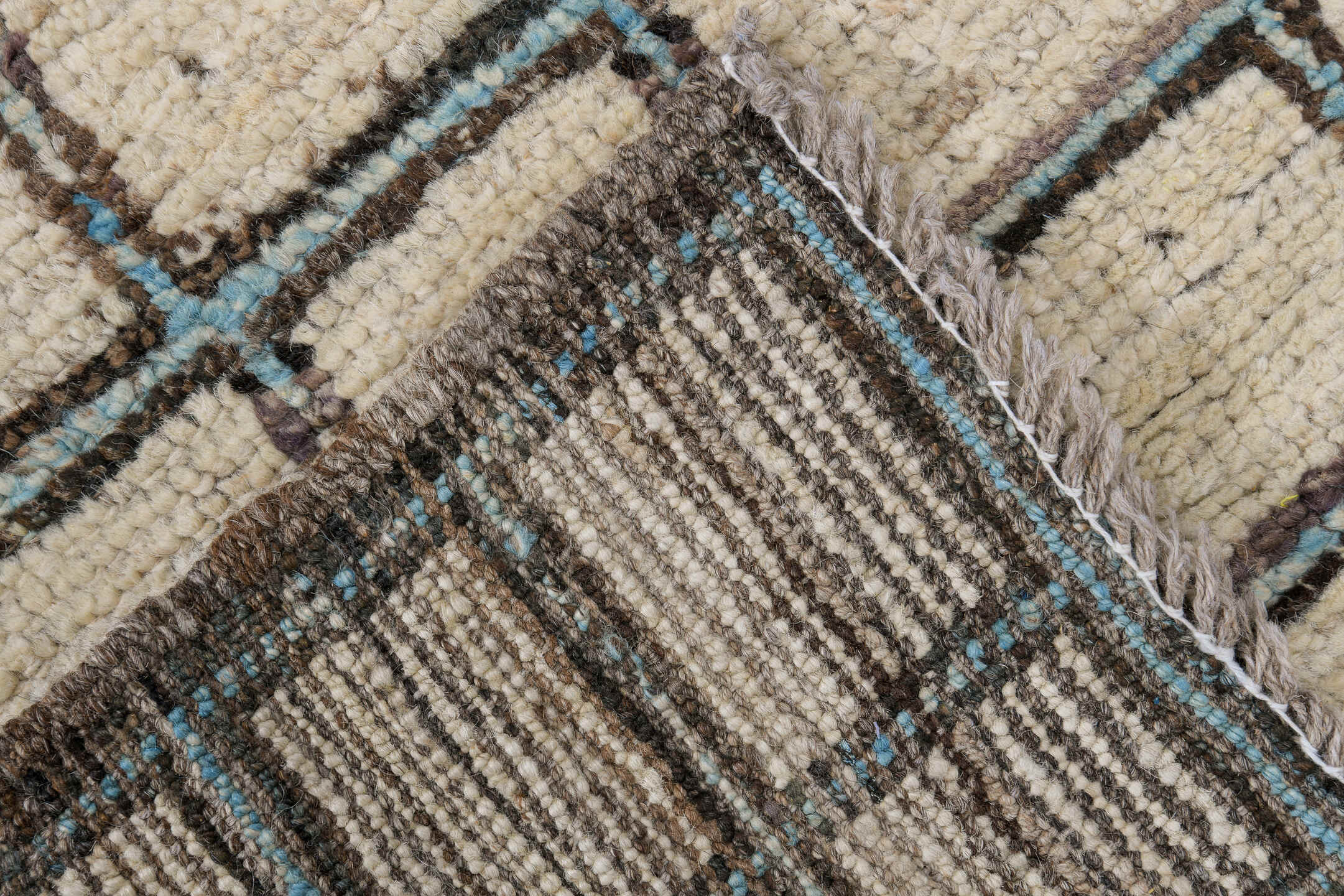 3' x 9' one-of-a-kind handmade vintage Tulu runner rug. Color palette: ivory, charcoal, taupe, black, gray, beige