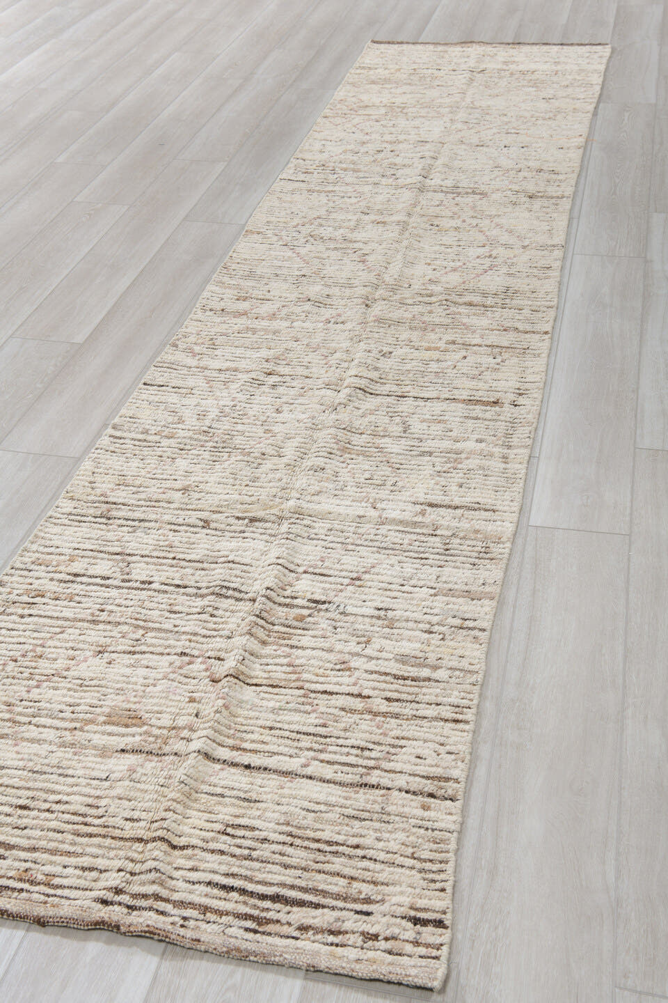 2' x 13' one-of-a-kind handmade vintage Tulu runner rug. Color palette: ivory, taupe, brown, cream, rose, beige, gray, pink