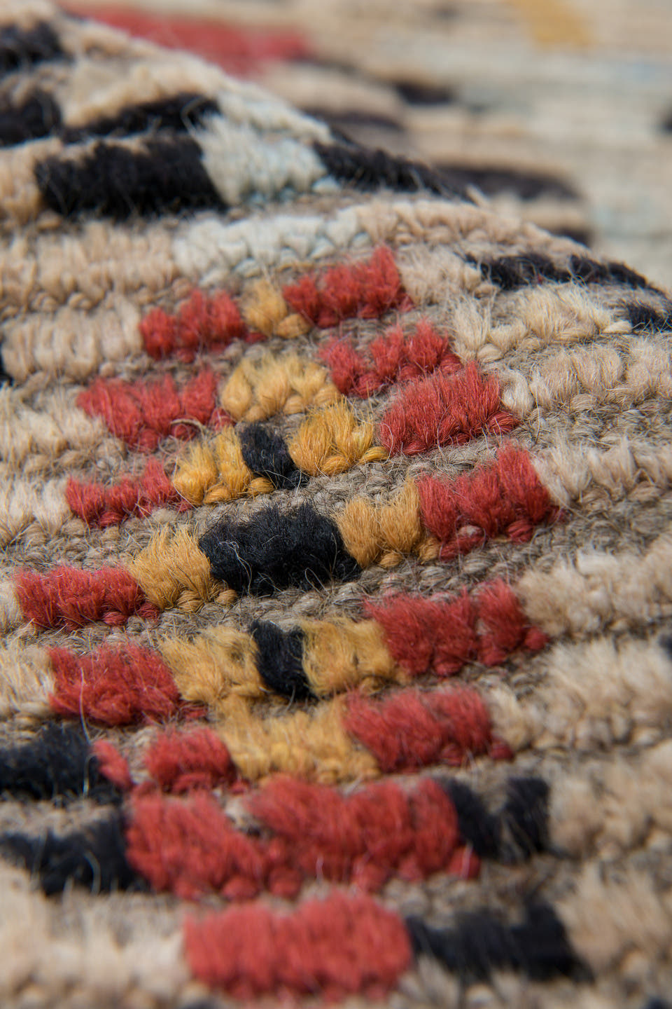 3' x 9' one-of-a-kind handmade vintage Tulu runner rug. Color palette: ivory, charcoal, coral, pale blue, camel, taupe