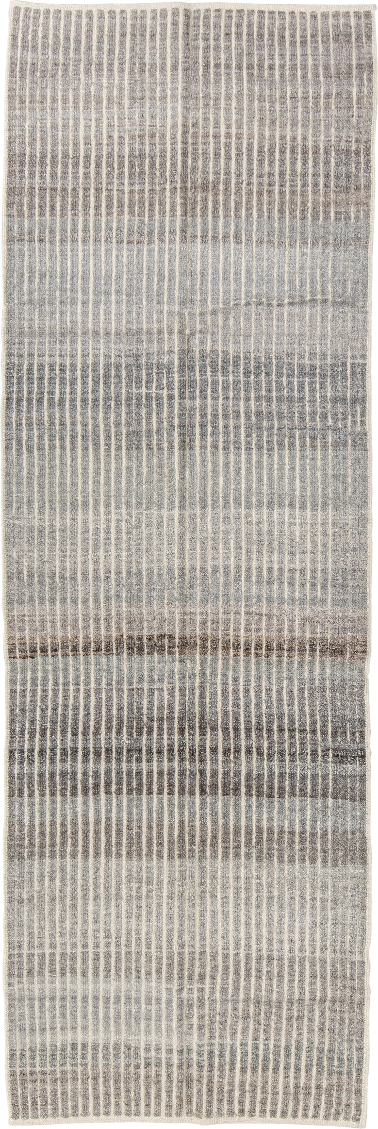 3' x 9' one-of-a-kind handmade vintage Tulu runner rug. Color palette: ivory, gray, taupe, brown, charcoal, beige, black