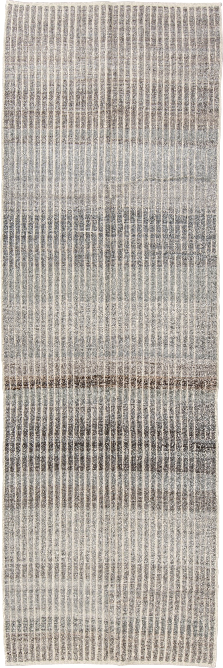 3' x 9' one-of-a-kind handmade vintage Tulu runner rug. Color palette: ivory, gray, taupe, brown, charcoal, beige, black