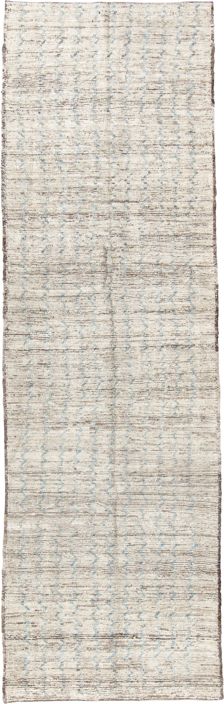 3' x 10' one-of-a-kind handmade vintage Tulu runner rug. Color palette: ivory, blue gray, taupe, charcoal, gray, blue, beige