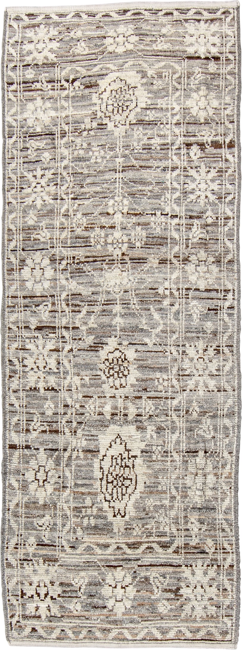 3' x 8' one-of-a-kind handmade vintage Tulu runner rug. Color palette: ivory, taupe, gray, brown, charcoal, beige, black
