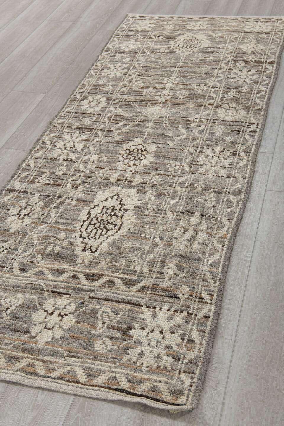 3' x 8' one-of-a-kind handmade vintage Tulu runner rug. Color palette: ivory, taupe, gray, brown, charcoal, beige, black