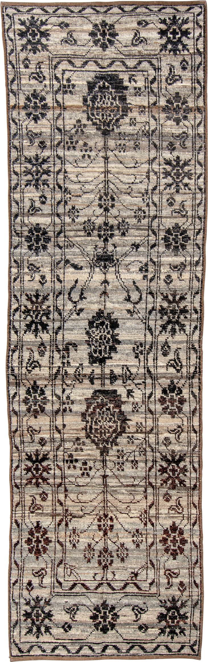 2' x 9' one-of-a-kind handmade vintage Tulu runner rug. Color palette: ivory, charcoal, taupe, brown, burgundy, black, gray