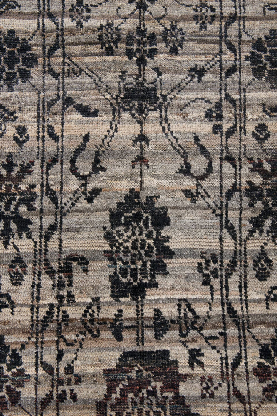 2' x 9' one-of-a-kind handmade vintage Tulu runner rug. Color palette: ivory, charcoal, taupe, brown, burgundy, black, gray