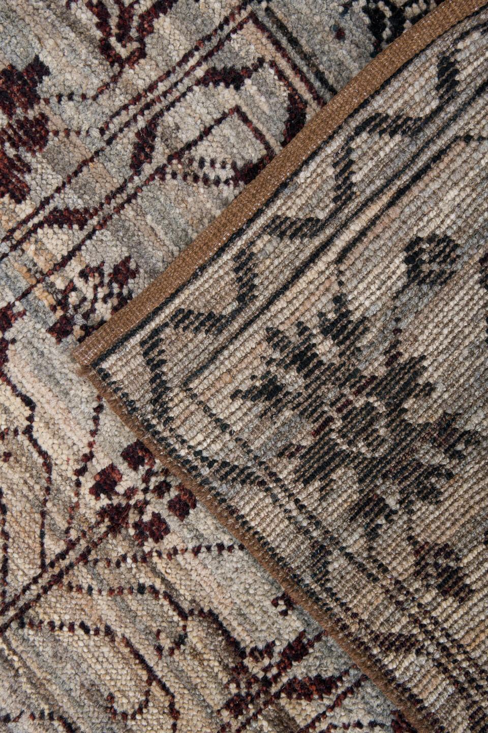 2' x 9' one-of-a-kind handmade vintage Tulu runner rug. Color palette: ivory, charcoal, taupe, brown, burgundy, black, gray