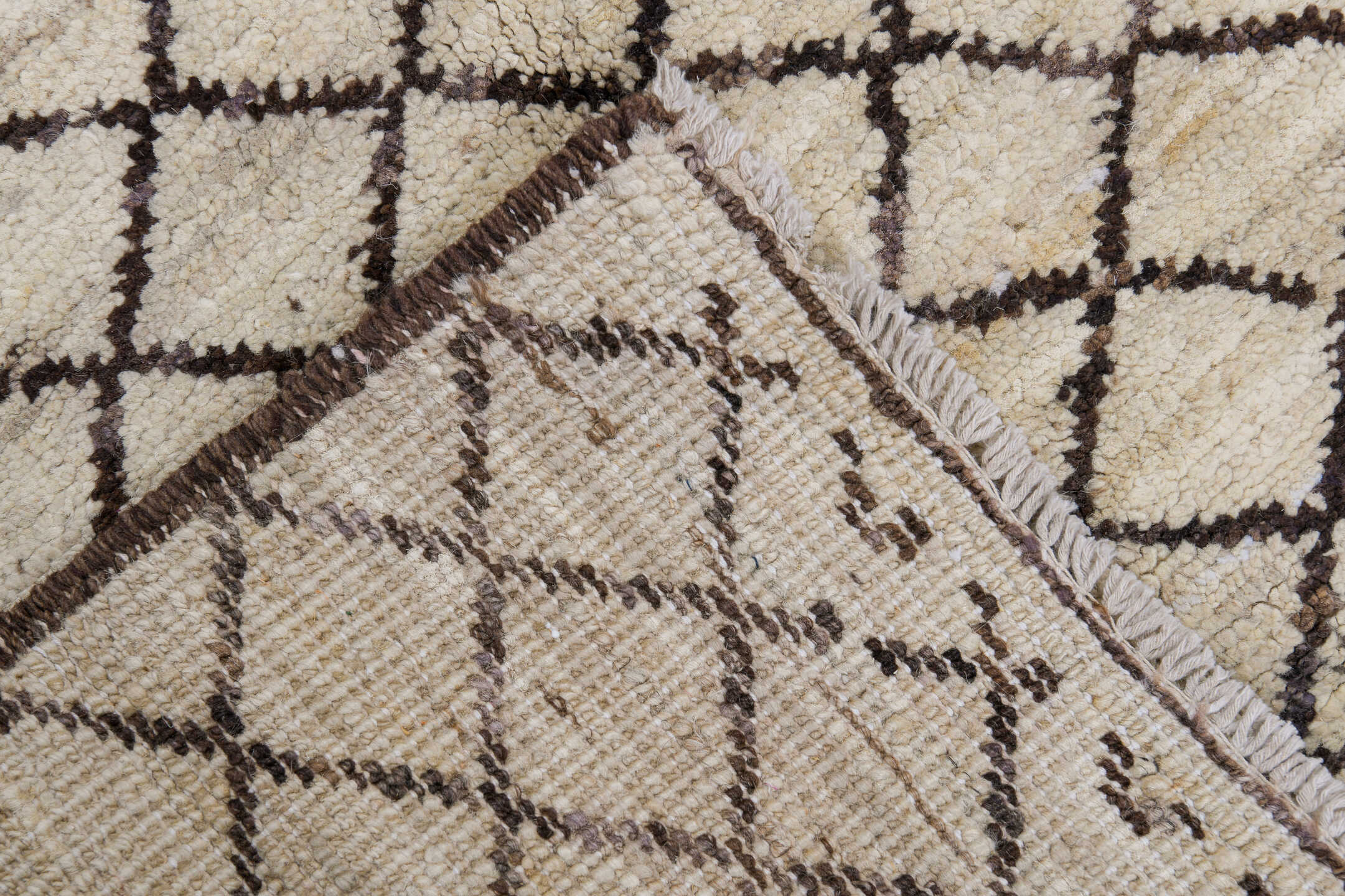 2' x 9' one-of-a-kind handmade vintage Tulu runner rug. Color palette: ivory, brown, taupe, beige, gray