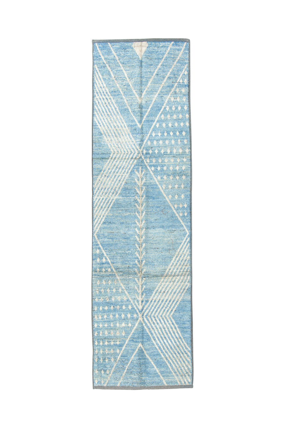2' x 9' one-of-a-kind handmade vintage Tulu runner rug. Color palette: blue, gray, light blue, light gray, off-white