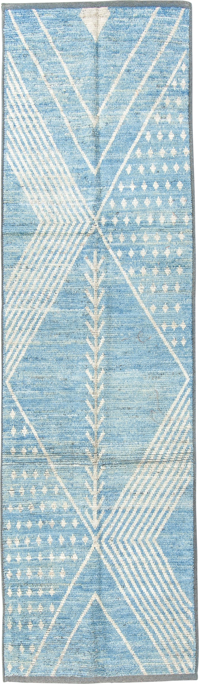 2' x 9' one-of-a-kind handmade vintage Tulu runner rug. Color palette: sky blue, ivory, slate, light blue, gray