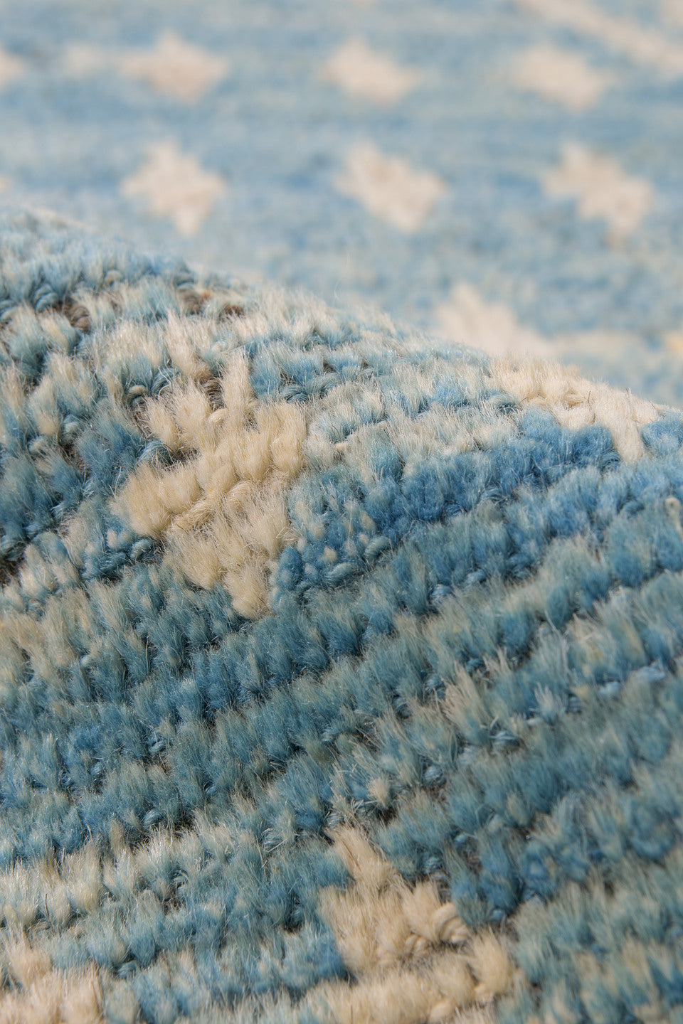 2' x 9' one-of-a-kind handmade vintage Tulu runner rug. Color palette: blue, gray, light blue, light gray, off-white