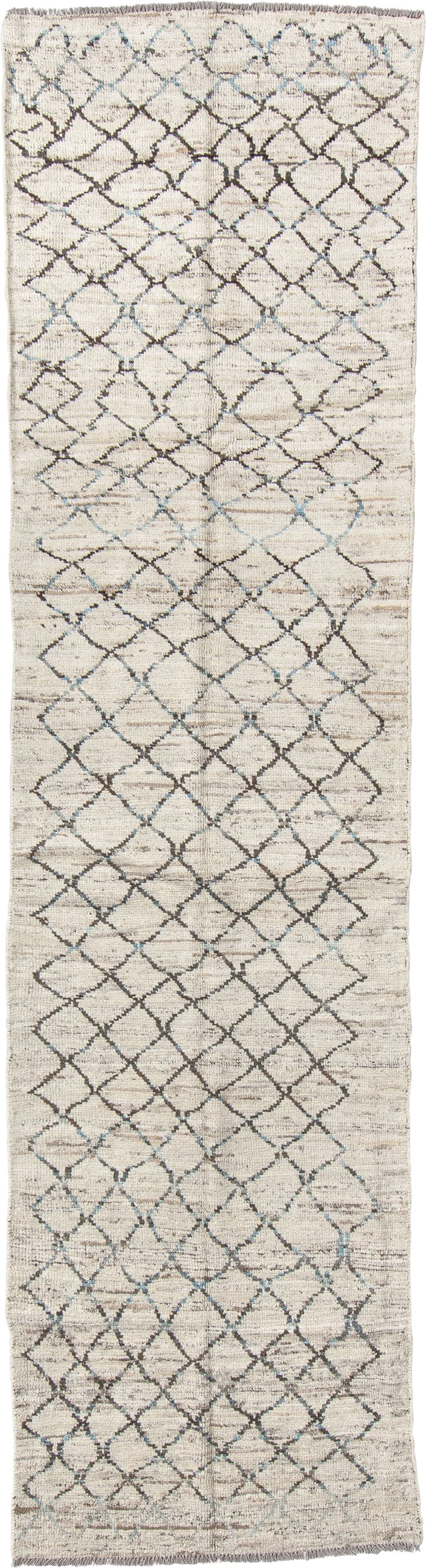 3' x 11' one-of-a-kind handmade vintage Tulu runner rug. Color palette: ivory, charcoal, pale blue, taupe, cream, black