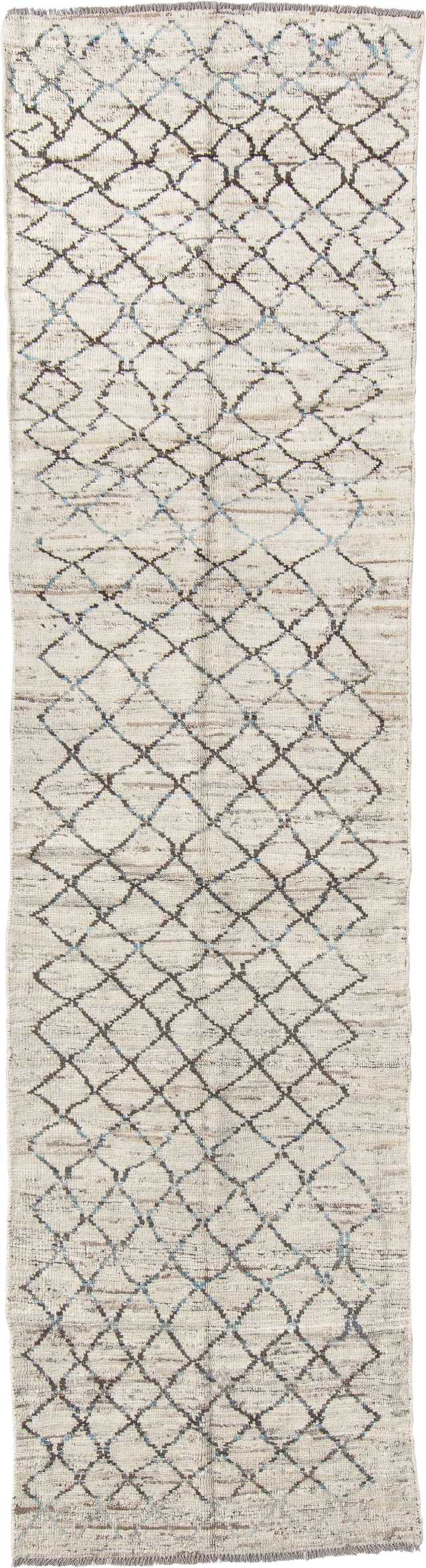 3' x 11' one-of-a-kind handmade vintage Tulu runner rug. Color palette: ivory, charcoal, pale blue, taupe, cream, black