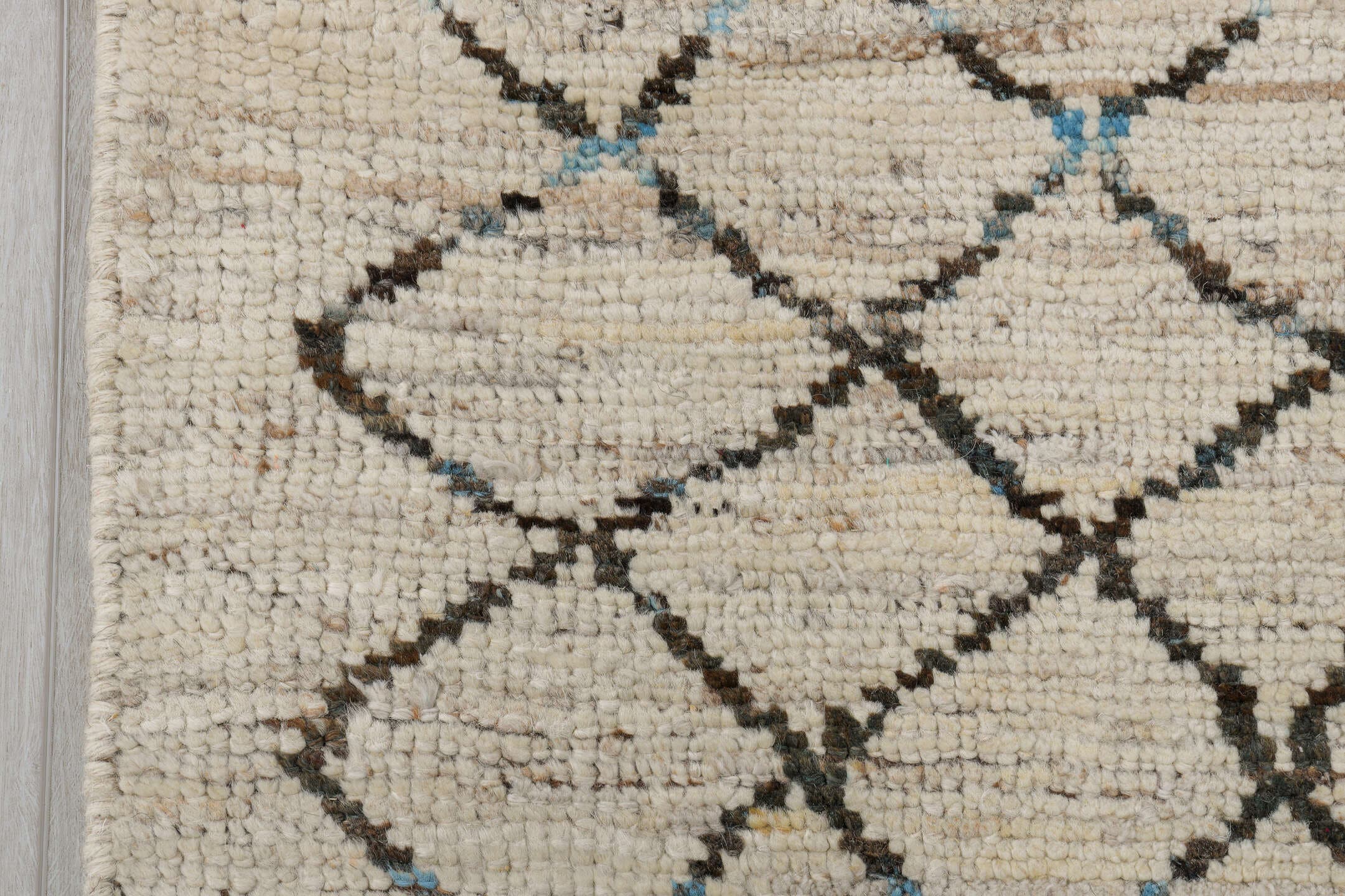 3' x 11' one-of-a-kind handmade vintage Tulu runner rug. Color palette: ivory, charcoal, pale blue, taupe, cream, black