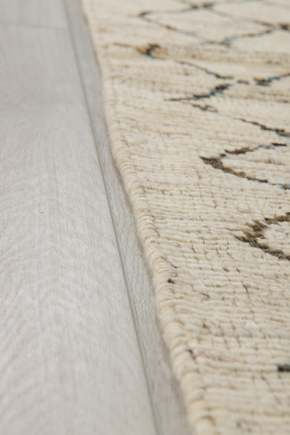 3' x 11' one-of-a-kind handmade vintage Tulu runner rug. Color palette: ivory, charcoal, pale blue, taupe, cream, black