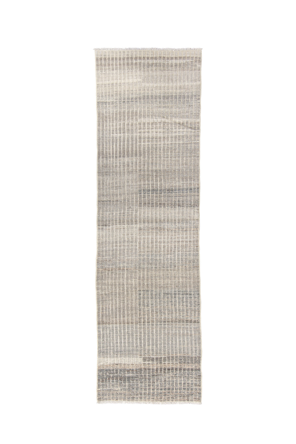 2' x 9' one-of-a-kind handmade vintage Tulu runner rug. Color palette: gray, light gray, off-white, pink, silver
