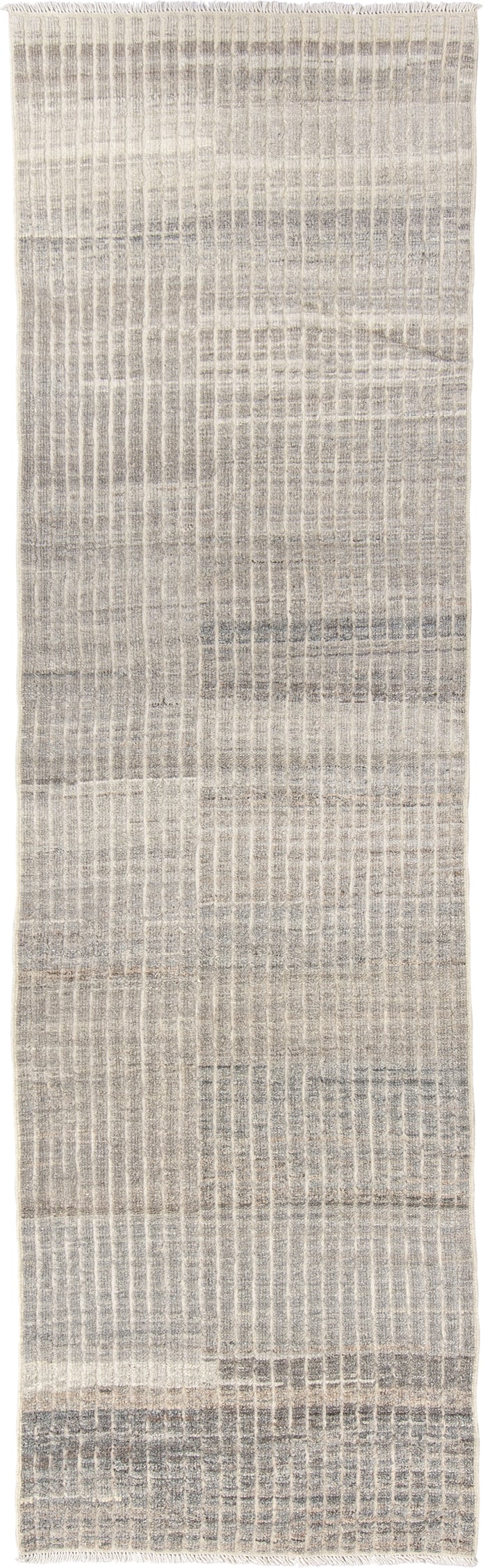 2' x 9' one-of-a-kind handmade vintage Tulu runner rug. Color palette: ivory, gray, taupe, cream, charcoal, beige, black