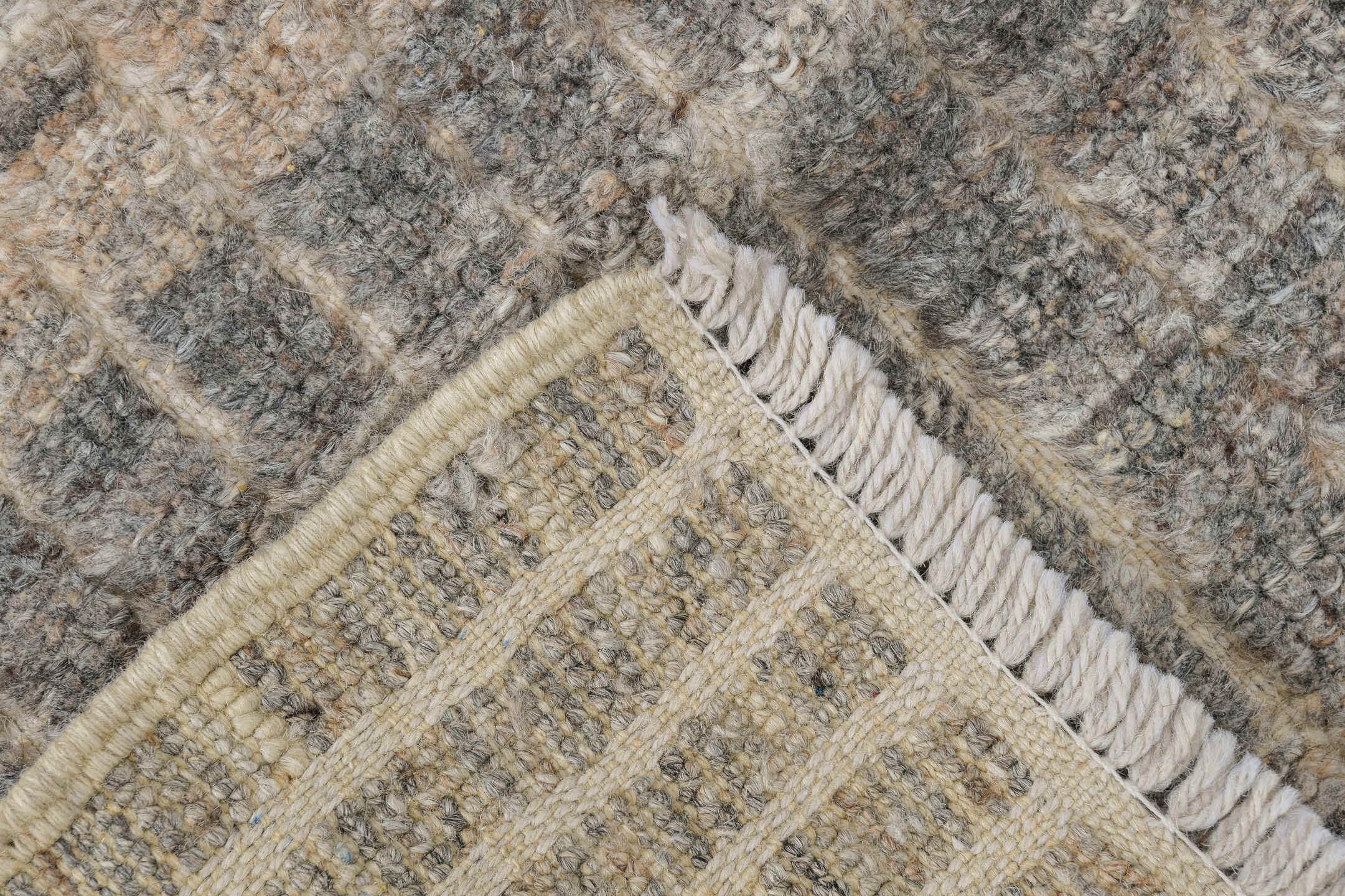 2' x 9' one-of-a-kind handmade vintage Tulu runner rug. Color palette: gray, light gray, off-white, pink, silver