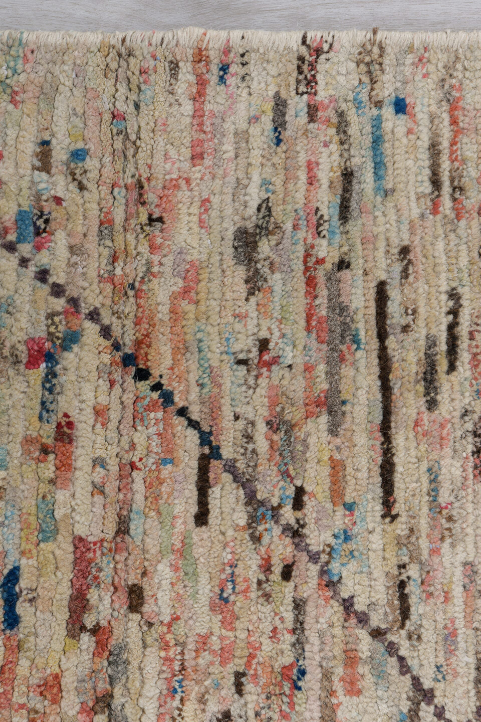 2' x 9' one-of-a-kind handmade vintage Tulu runner rug. Color palette: ivory, cream, coral, brown, sky_blue, taupe