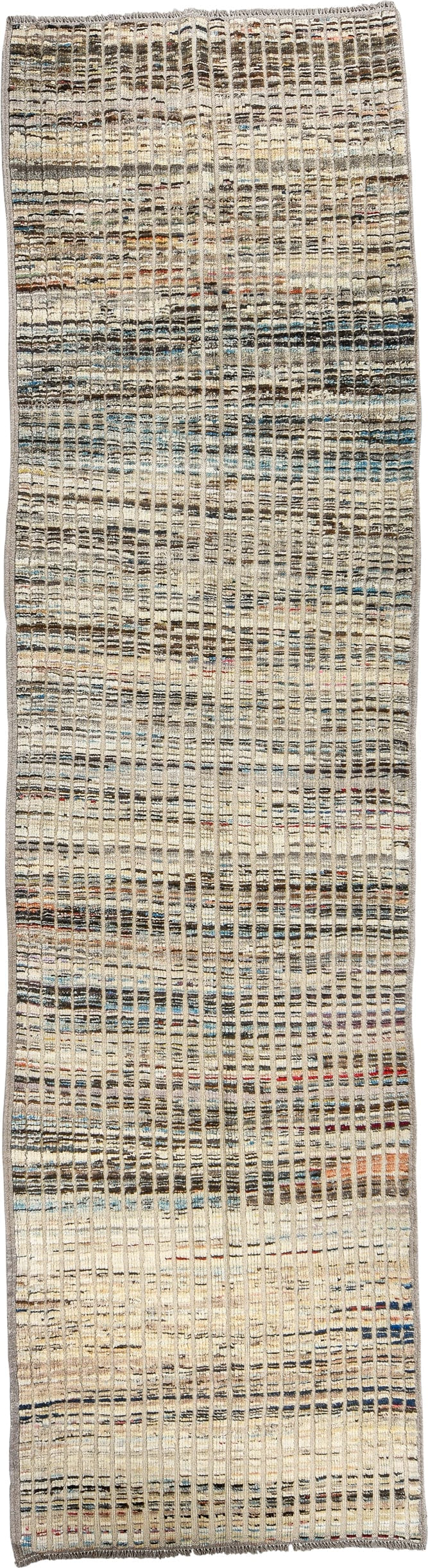 3' x 11' one-of-a-kind handmade vintage Tulu runner rug. Color palette: ivory, taupe, charcoal, slate, blue, rust, beige