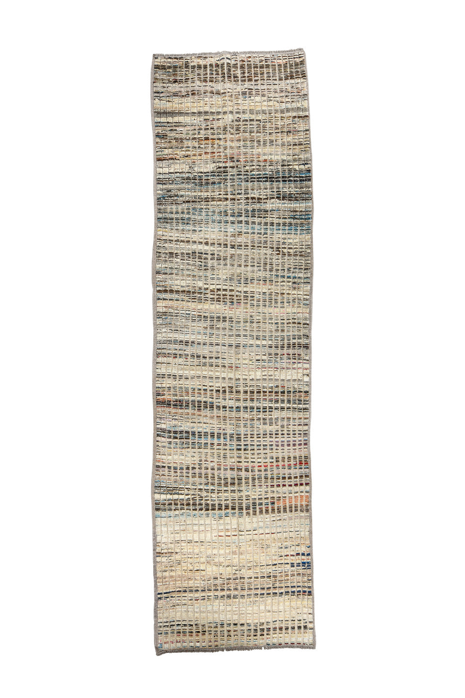 3' x 11' one-of-a-kind handmade vintage Tulu runner rug. Color palette: black, blue, brown, dark gray, gray, light gray