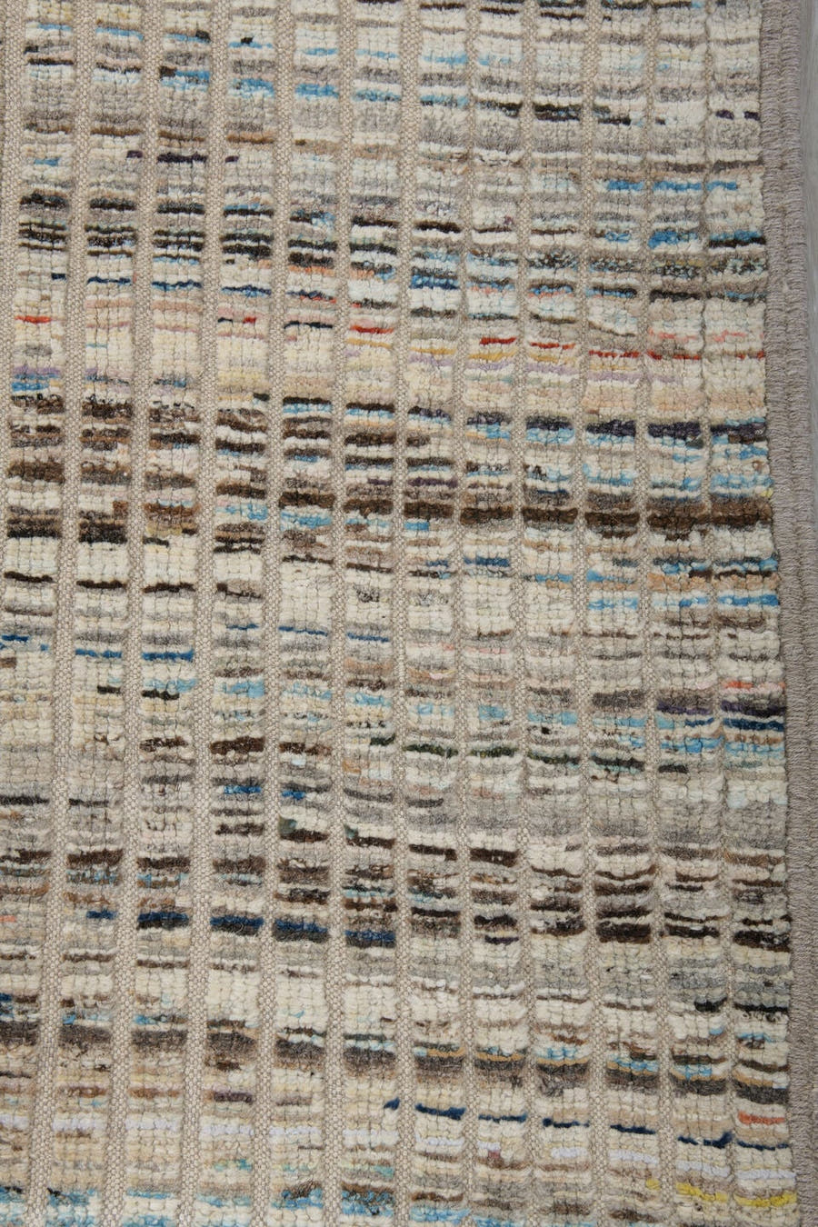 3' x 11' one-of-a-kind handmade vintage Tulu runner rug. Color palette: ivory, taupe, charcoal, slate, blue, rust, beige