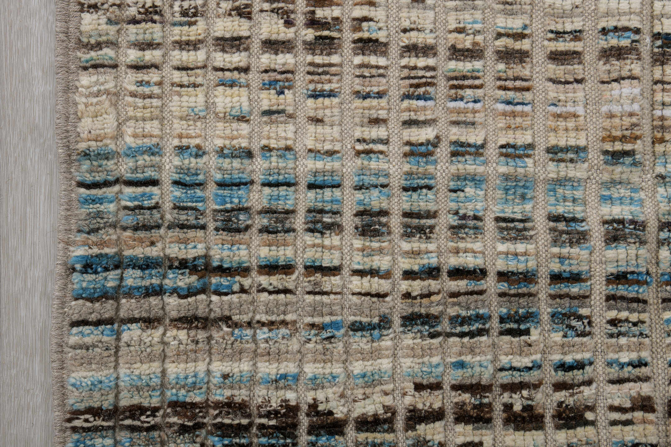 3' x 11' one-of-a-kind handmade vintage Tulu runner rug. Color palette: ivory, taupe, charcoal, slate, blue, rust, beige