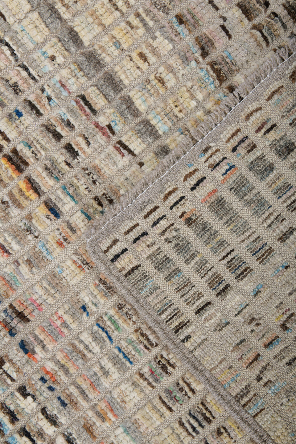 3' x 11' one-of-a-kind handmade vintage Tulu runner rug. Color palette: ivory, taupe, charcoal, slate, blue, rust, beige
