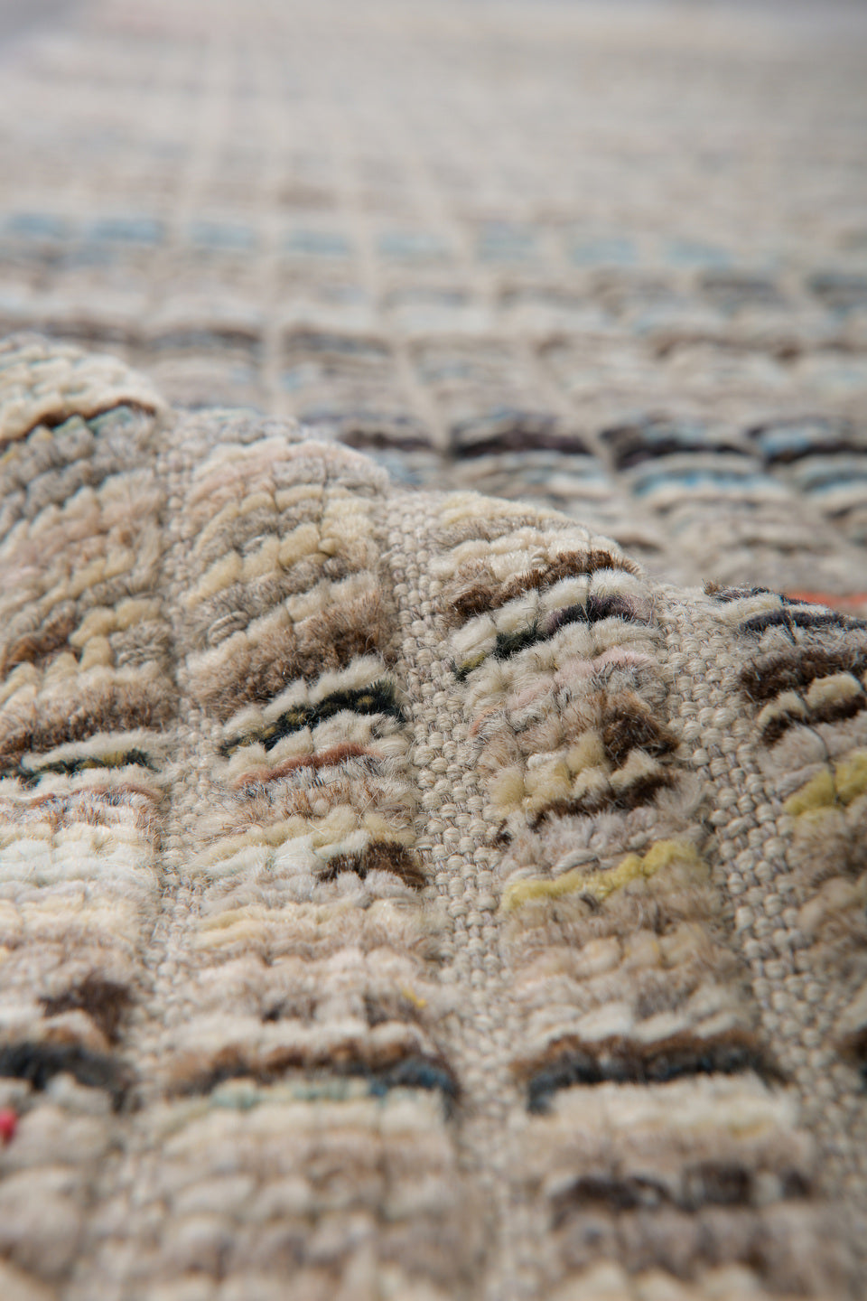 3' x 11' one-of-a-kind handmade vintage Tulu runner rug. Color palette: ivory, taupe, charcoal, slate, blue, rust, beige