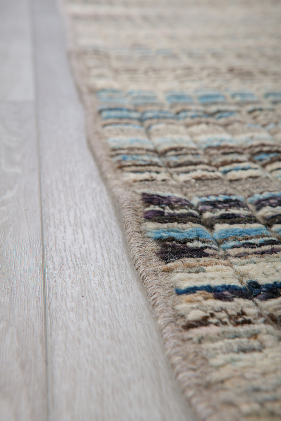 3' x 11' one-of-a-kind handmade vintage Tulu runner rug. Color palette: ivory, taupe, charcoal, slate, blue, rust, beige